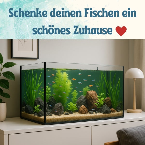 Eingerichtetes Aquarium mit Fischen, Pflanzen, Steinen und Sand auf einem Schrank