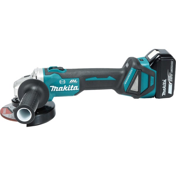 Makita Akku-Winkelschleifer mit bürstenlosem Motor, 18 Volt Lithium-Ionen-Akku und Seitengriff.