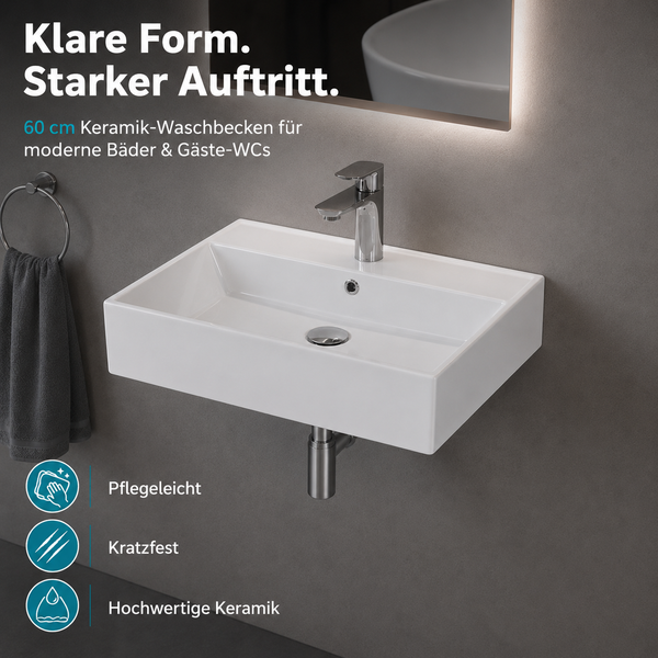 Modernes, rechteckiges Wand-Waschbecken aus Keramik 60 Zentimeter mit Armatur und Siphon. Pflegeleicht und kratzfest für Badezimmer und Gäste-WC.