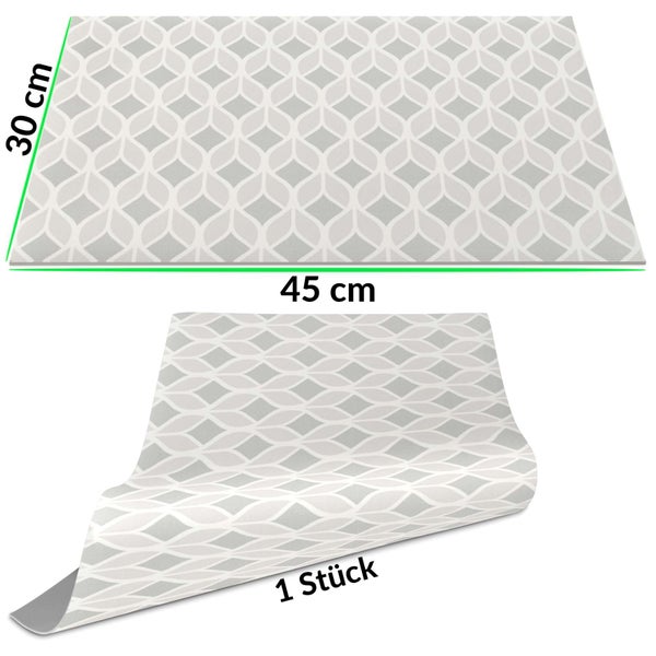 Dekorfolie mit grau-weißem geometrischem Muster, 30 mal 45 Zentimeter, 1 Stück.