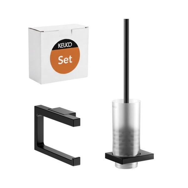 Keuco Badaccessoires Set bestehend aus Toilettenpapierhalter und WC Garnitur mit Glaseinsatz in moderner Optik inklusive Keuco Firmenlogo