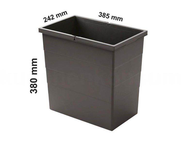 Rechteckiger Abfalleimer aus Kunststoff mit den Maßen 385 Millimeter Länge, 242 Millimeter Breite und 380 Millimeter Höhe.