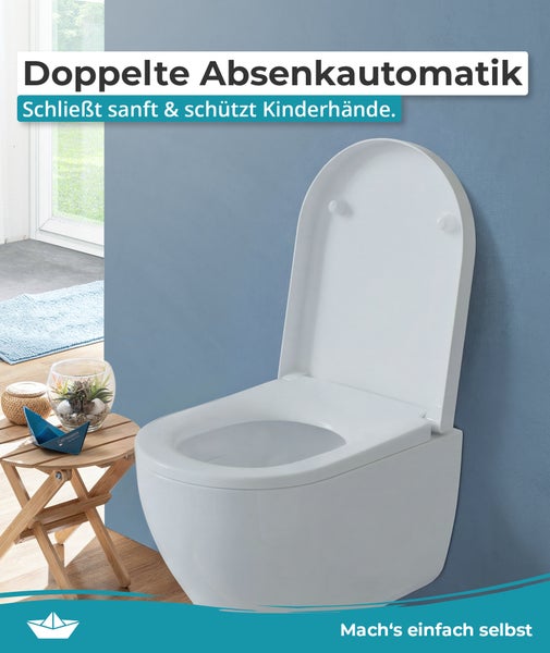 Wand-WC mit Toilettendeckel und doppelter Absenkautomatik für sanftes Schließen in einem modern gestalteten Badezimmer.