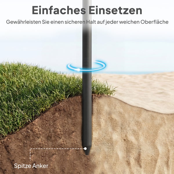 Ein spitzer Bodenanker wird für einen sicheren Halt in Gras und Sand gedreht.