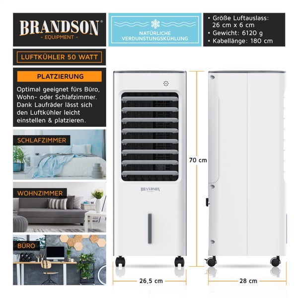 Brandson, Luftkühler mobil mit Wasserkühlung, Turmventilator 50 W mit 5L Wassertank, Luftbefeuchter Ventilator Standventilator, leise