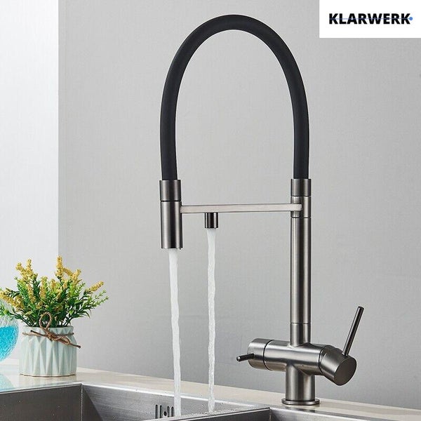 Lana | 3 Wege Grau Schwarz ausziehbare Armatur | Edelstahl Trinkwasser Osmose Wasserhahn Küche |Mischbatterie - 360 Grad drehbar | Filter 3 Anschlüsse