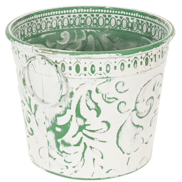 Dekorativer Metalleimer in Weiß und Grün mit Ornament-Prägung, Ringgriff und Vintage-Finish.