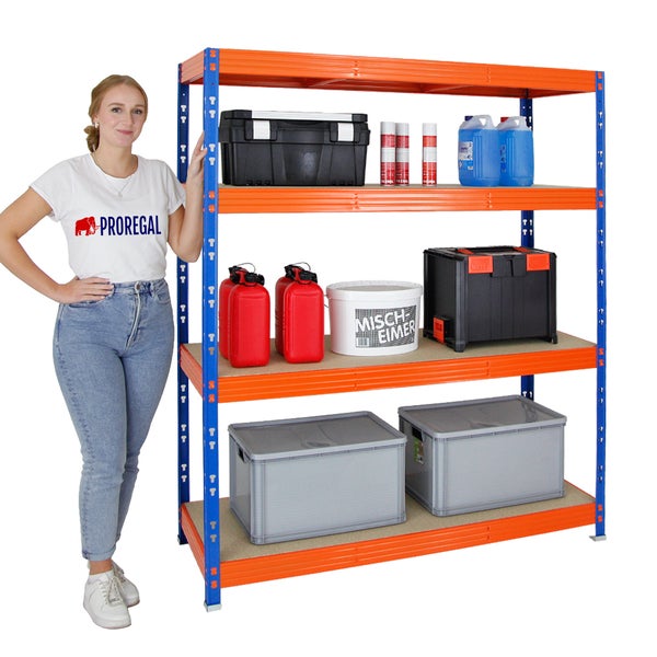 PROREGAL Profi Schwerlastregal Rhino HxBxT 180 x 160 x 60 cm 4 Spanplatten-Ebenen 8mm Fachlast 500 kg Blau/Orange