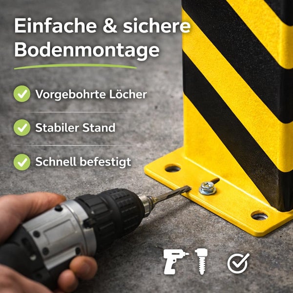 Bodenmontage eines Sicherheitspfostens mit vorgebohrten Löchern und einem Akkuschrauber.