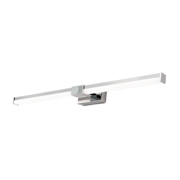 Moderne LED Spiegelleuchte aus Metall für die Wandmontage mit länglichem Lichtaustritt.