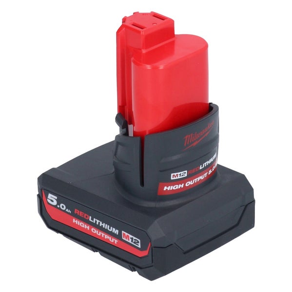 Milwaukee M12 RedLithium High Output Akku mit 5,0 Amperestunden Kapazität.