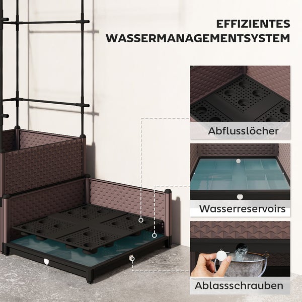Hochbeet mit Wassermanagementsystem: Darstellung von Abflusslöchern im Boden, integrierten Wasserreservoirs und Ablassschrauben zur Entwässerung.