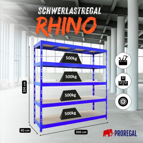 Blaues Schwerlastregal Rhino von PROREGAL. 5 Ebenen, je 500 Kilogramm Tragkraft. Maße: 200 Zentimeter hoch, 200 breit, 60 tief. PROREGAL Logo.