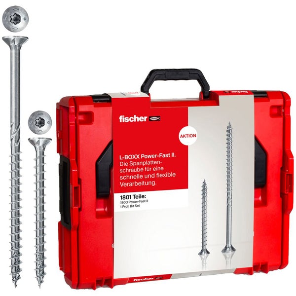 Fischer L-BOXX Power-Fast II Schraubenset im roten Koffer, 1801 Teile inklusive Spanplattenschrauben und Bit-Set.