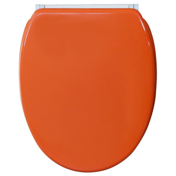 WC-Sitz, orange, ovale Form, glänzende Oberfläche.