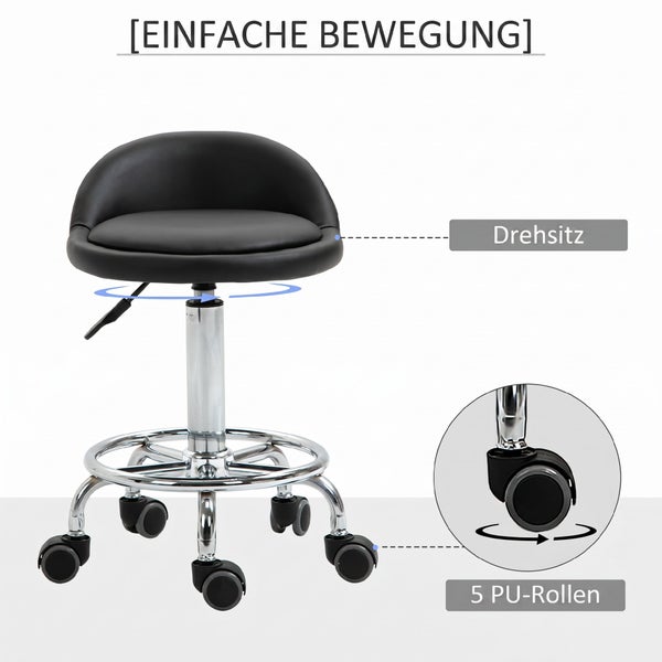 Arbeitshocker mit Drehsitz, kleiner Rückenlehne, höhenverstellbarem Metallgestell und fünf PU-Rollen für einfache Bewegung.
