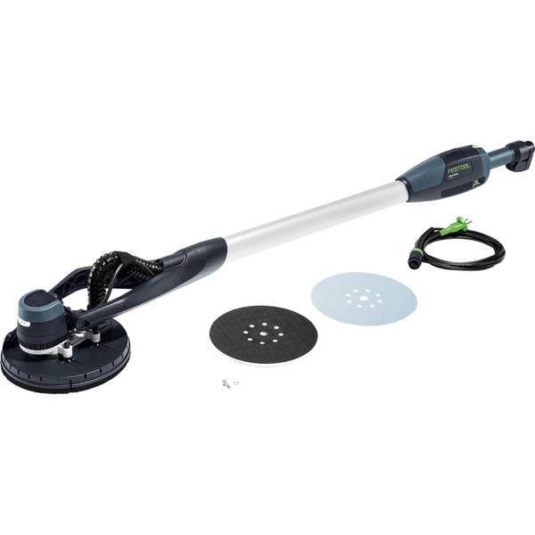 Festool Langhalsschleifer Planex mit rundem Schleifkopf, Bürstenkranz und langem Stiel für Trockenbauarbeiten.