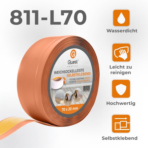 Mehrere Rollen selbstklebende Weichsockelleisten von Quest Profile mit verschiedenen Anwendungsbeispielen wie Küche, Garage und Wohnbereich.