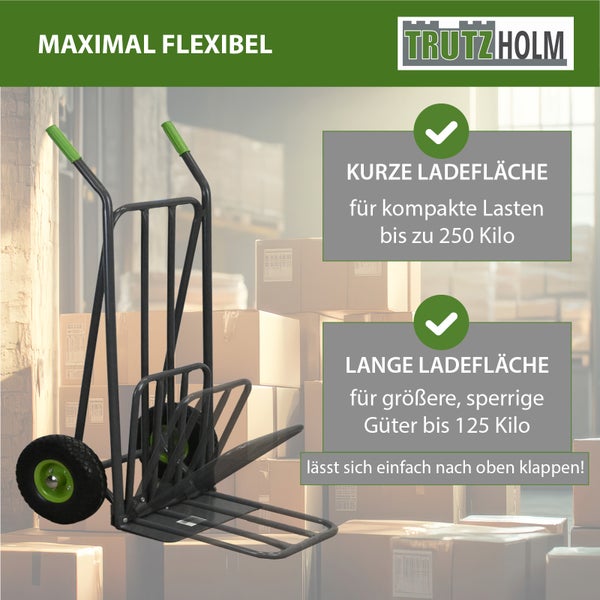Trutzholm Sackkarre mit klappbarer Ladefläche für kompakte und sperrige Lasten, Traglast bis 250 Kilogramm.