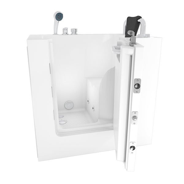 Geöffnete Badewanne mit Tür, Armaturen und Brause