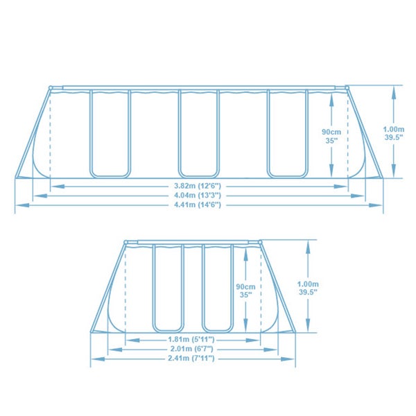 Maßzeichnung für rechteckige Pools in zwei Größen. Höhe 100 Zentimeter, Wassertiefe 90 Zentimeter, Gesamtlänge bis 4,41 Meter.