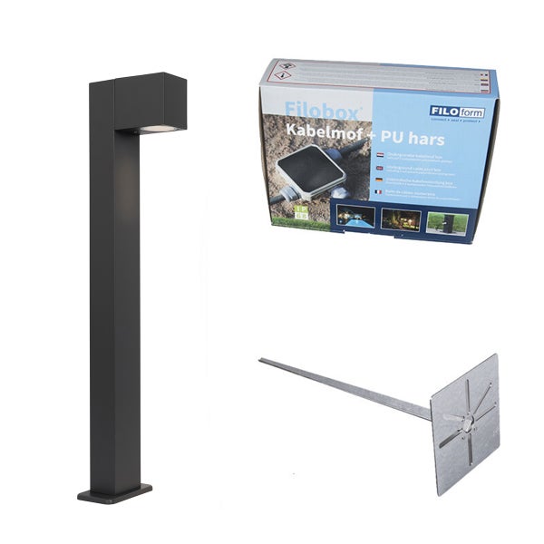 Moderne anthrazitfarbene Außenstandleuchte mit Erdspieß und Filoform Filobox Kabelmuffen-Set inklusive Polyurethan-Harz.