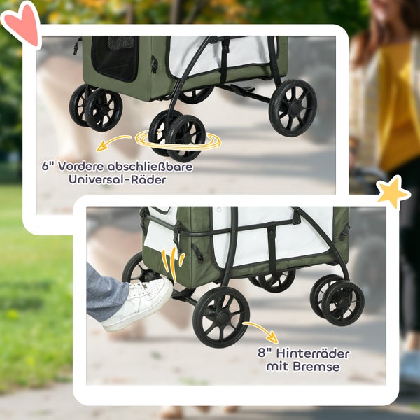 Detailansicht eines Bollerwagens mit 6-Zoll-Vorderrädern und 8-Zoll-Hinterrädern mit Bremse
