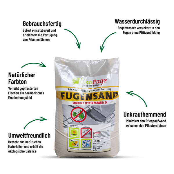 20 kg Sack ÖkoFuge Fugensand, unkrauthemmend, wasserdurchlässig, gebrauchsfertig, für Fugen von 1 bis 5 mm, natürlicher Farbton, umweltfreundlich.