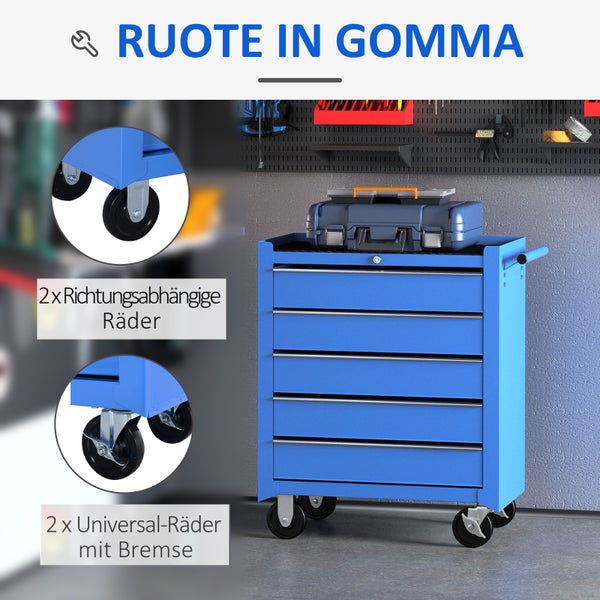HOMCOM, Fahrbarer Werkzeugwagen, Werkstattwagen, 67,5L x 33B x 77H cm, Stahl, Blau