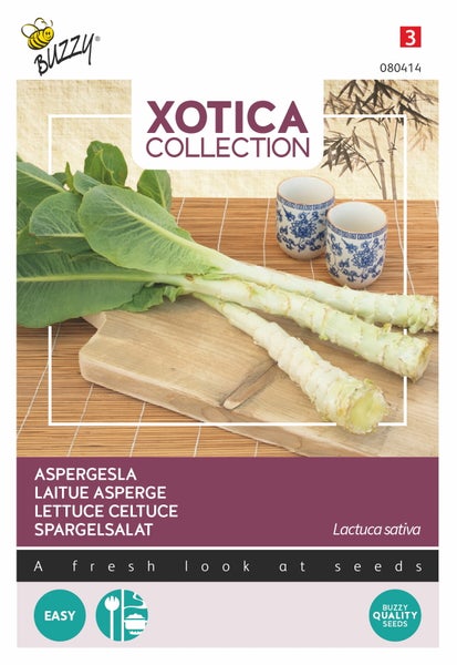 Buzzy Aspargesla Saatgutpackung mit Salat Celtuce auf Holzbrett