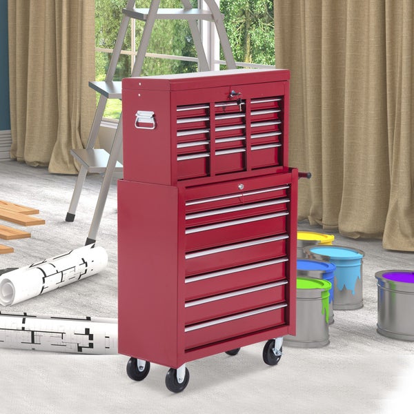 HOMCOM, Fahrbarer Werkzeugwagen, Werkstattwagen, 61,5L x 33B x 113H cm, Stahl, Rot