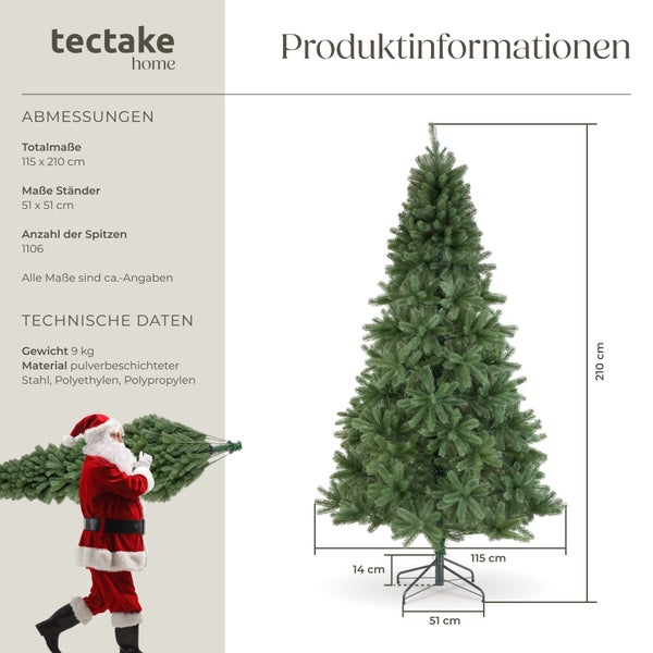 Technische Zeichnung eines künstlichen Weihnachtsbaums mit 210 Zentimeter Höhe, Ständer und Maßangaben von Tectake Logo.
