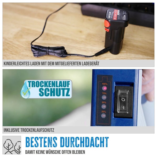 Güde Logo auf dem Akkumulator beim Ladevorgang. Gerät mit Ladestandanzeige, Ein- und Ausschalter sowie integriertem Trockenlaufschutz.