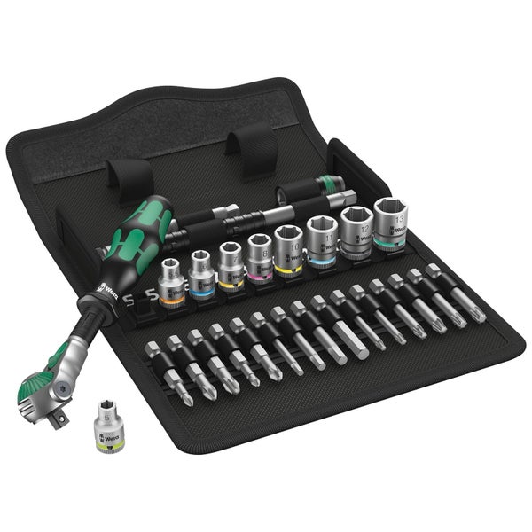 Wera Werkzeugsatz mit Schraubendreher, Nüssen und Bits in geöffneter Tasche