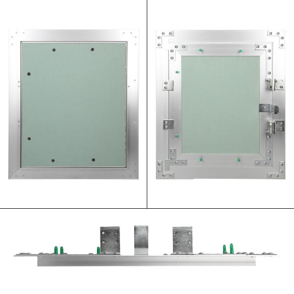 Revisionsklappe aus Aluminium mit Gipskarton-Einlage, Frontansicht, Rückansicht und Seitenprofil für den Trockenbau.