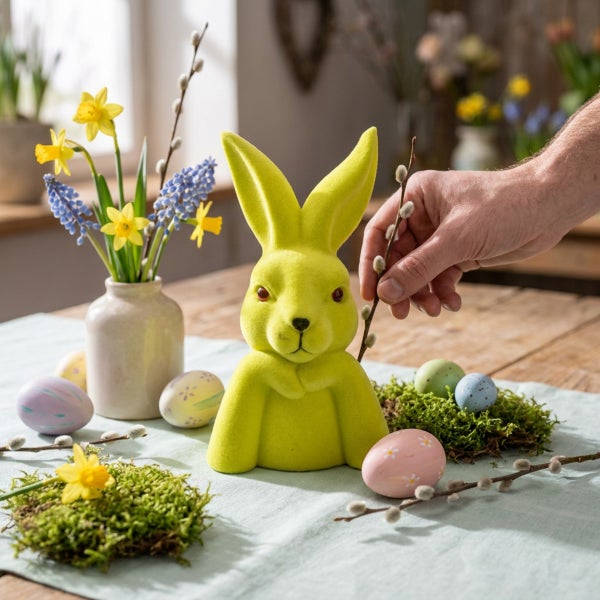 Osterdekoration mit einer beflockten Osterhasenfigur auf einem Tisch mit Frühlingsblumen, Moos und bemalten Ostereiern.