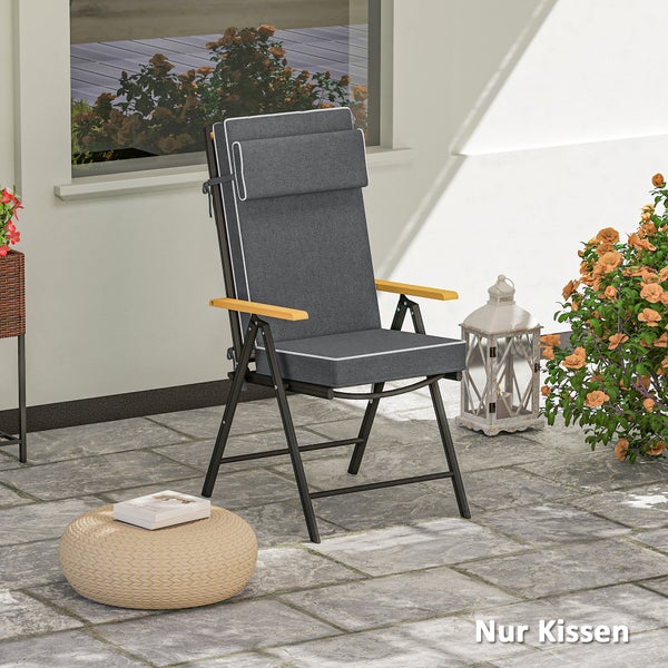 Outsunny Sitzkissen 120 x 47 x 9,5 cm wasserabweisend Stuhlkissen mit Bändern, Kopfstütze, UPF50+ Outdoor Indoor Sitzauflage, Sitzpolster für Klappstuhl, Essstuhl, Dunkelgrau