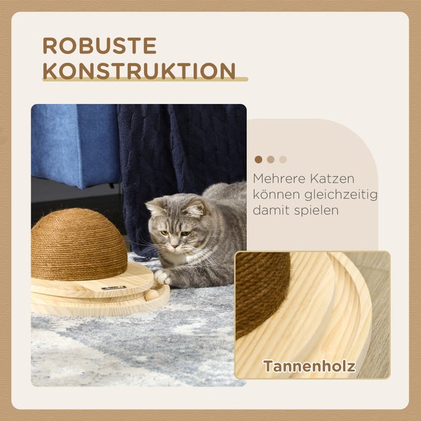 Robustes Katzenspielzeug mit einer Kratzkuppel aus Seil und einer runden Basis aus Tannenholz mit integrierter Kugelbahn.