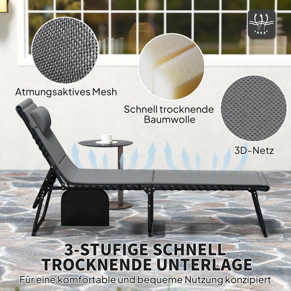 Detailansicht einer Gartenliege mit robustem Gestell aus pulverbeschichteten Stahlrohren und doppelten elastischen Riemen für die Bespannung.