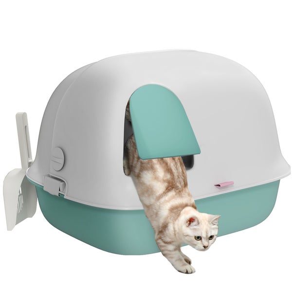 PawHut Katzentoilette mit Deckel, Katzenklo mit Sieb, Tür, Schaufel, geschlossen Katze Toilettenhaus für kleine Katze unter 3,5 kg, Indoor, Kunststoff, Grün