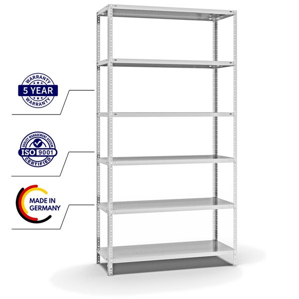PROREGAL Fachbodenregal Schraubsystem Light-Duty Grundregal HxBxT 250 x 130 x 50 cm 6 Ebenen Fachlast 125 kg Beidseitig Nutzbar Lichtgrau