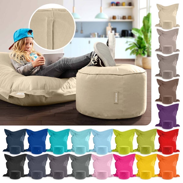 Green Bean 2er Set XXL Sitzsack inkl. Pouf fertig befüllt mit EPS-Perlen - Riesensitzsack 140x180 Lounge Sitz-Kissen Bean-Bag Chair  - Beige