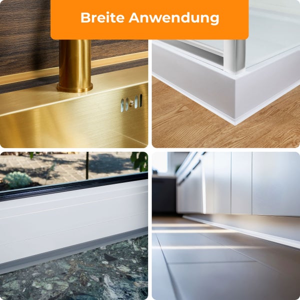 Collage zeigt vier Anwendungsbeispiele für ein Dichtungsband an Spüle, Duschtasse, Fensterrahmen und Küchensockel.