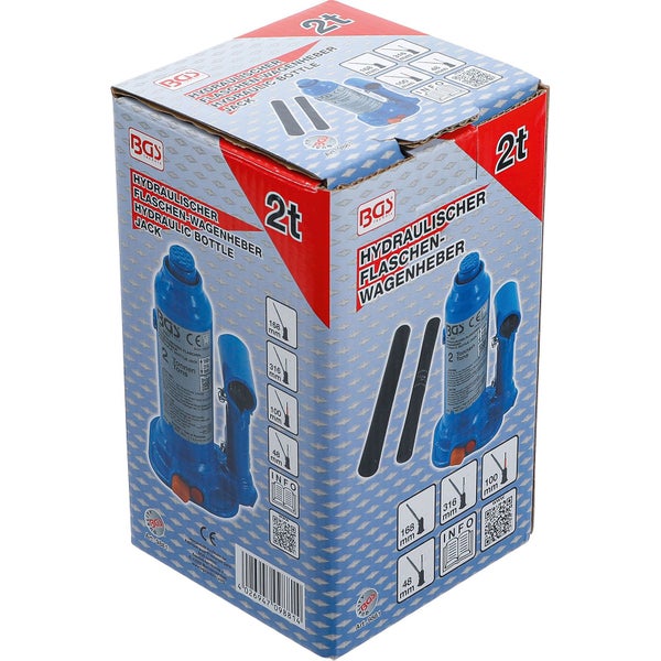 Verpackung eines hydraulischen Flaschenwagenhebers von BGS technic mit 2 Tonnen Tragkraft