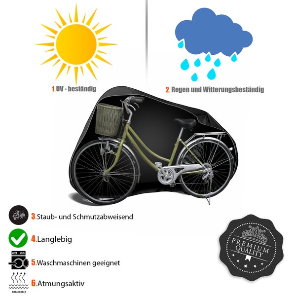 Fahrrad unter einer Fahrradabdeckung mit UV-beständig, wetterfest, schmutzabweisend, langlebig, waschmaschinengeeignet und atmungsaktiven Symbolen sowie einem Premium Qualitätssiegel