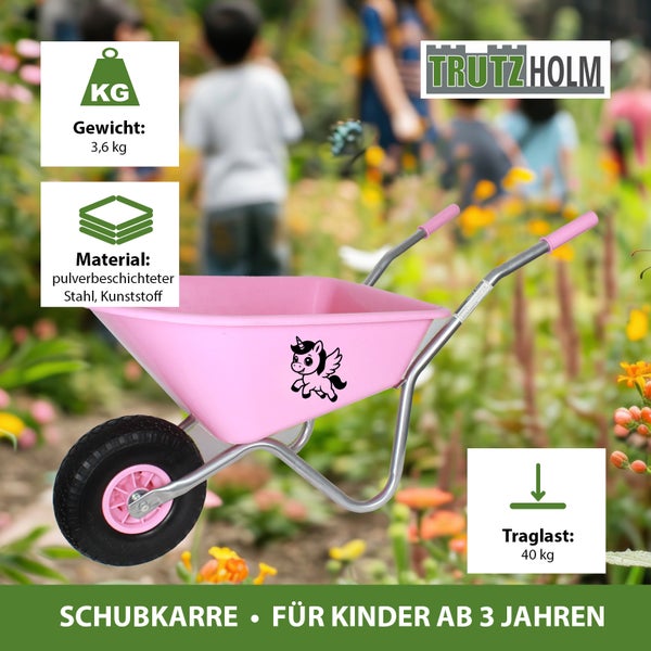 Trutzholm Logo. Pinkfarbene Kinder-Schubkarre mit Einhorn-Motiv aus Stahl und Kunststoff, Traglast 40 Kilogramm, Gewicht 3,6 Kilogramm, ab 3 Jahren.