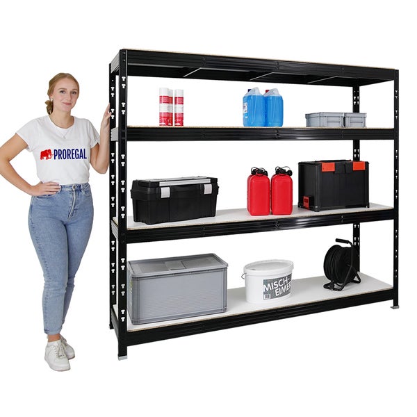 PROREGAL Profi Schwerlastregal Rhino HxBxT 180 x 200 x 60 cm 4 Melamin-Ebenen 16mm Fachlast 500 kg Schwarz