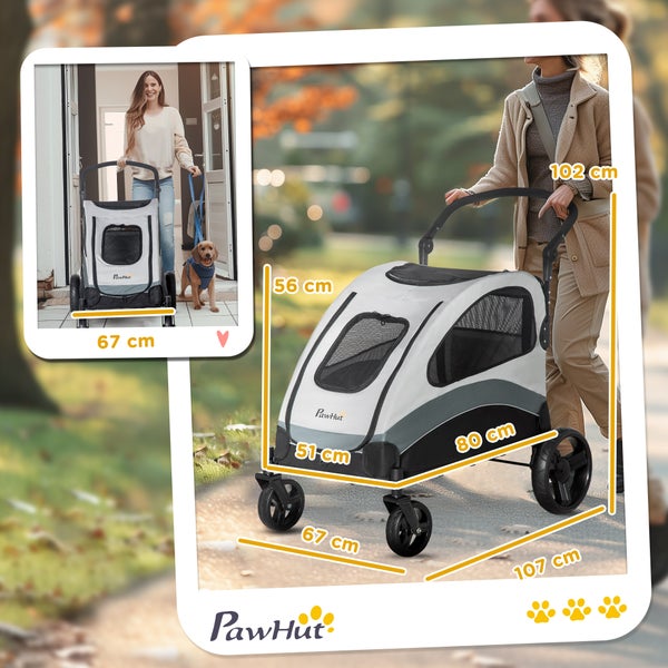 PawHut Hundewagen Hundetrolley Hundebuggy Pet Stroller mit 4 Rädern Katzenbuggy für kleine und mittelgroße Hunde Katzen Netzfenster Seitentasche faltbar Oxfordstoff Grau+Schwarz 107 x 67 x 102 cm
