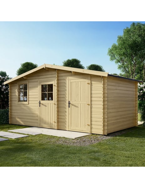 Gartenhaus aus Holz mit Satteldach, Fenster und zwei separaten Eingangstüren im Garten auf einer befestigten Fläche.