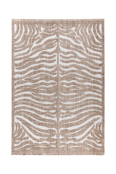 Rechteckiger gewebter Teppich mit Zebramuster und Fransen an den kurzen Seiten.